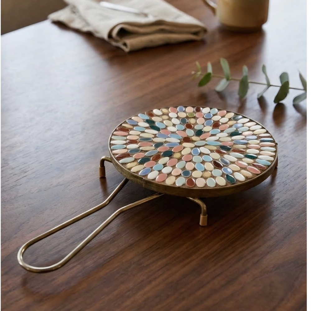 Vintage MCM‎ Mosaic Tile Trivet Brass Wire Handle Boho Home Decor Multi Color